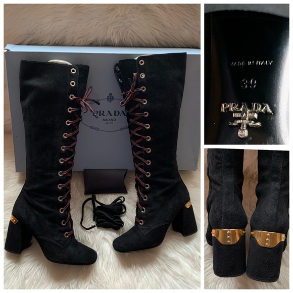 Prada Shoes - PRADA Suede Tie Up Metal Heel Zipper Tall Boots